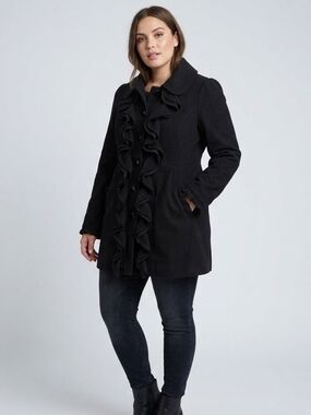 Jolt Black Ruffle-Front Pea Coat